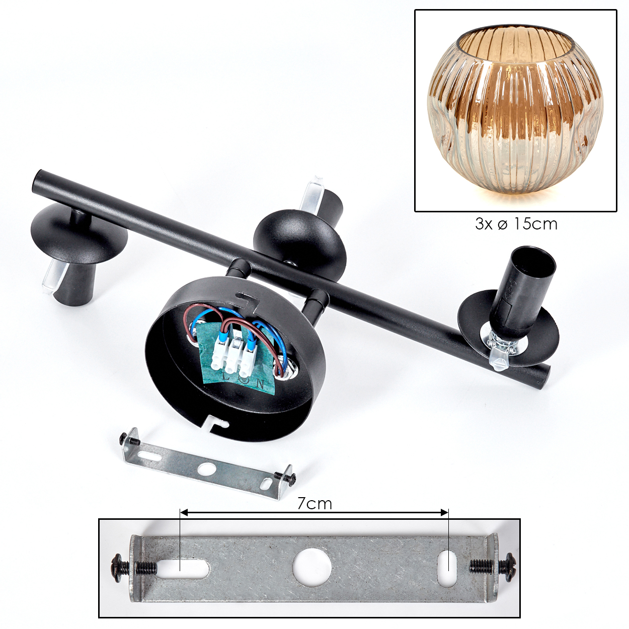 Schwarze Deckenlampe mit Fassungen und Metallhalterung, mit dekorativer Glaskugel in der Ecke.