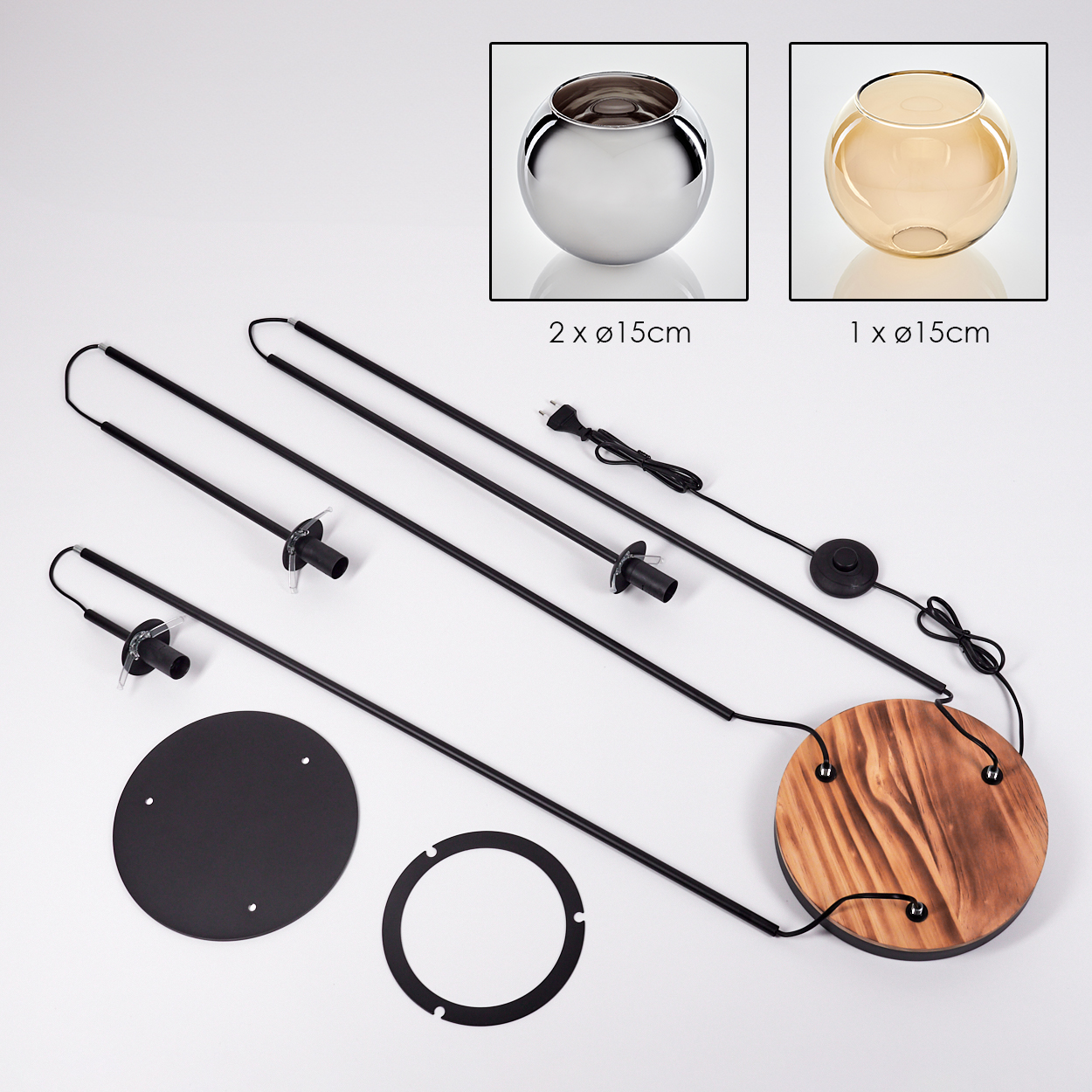 Zerlegte Lampe mit Glasschalen, Holzsockel, Metallstangen und elektrischen Komponenten auf weißem Hintergrund.
