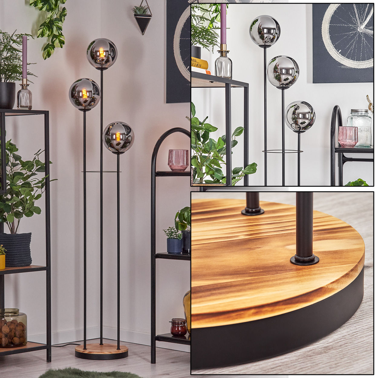 Eine Stehlampe mit drei Glaskugelleuchten. Sie steht auf einem Holzsockel. Regale mit Pflanzen sind auf beiden Seiten.