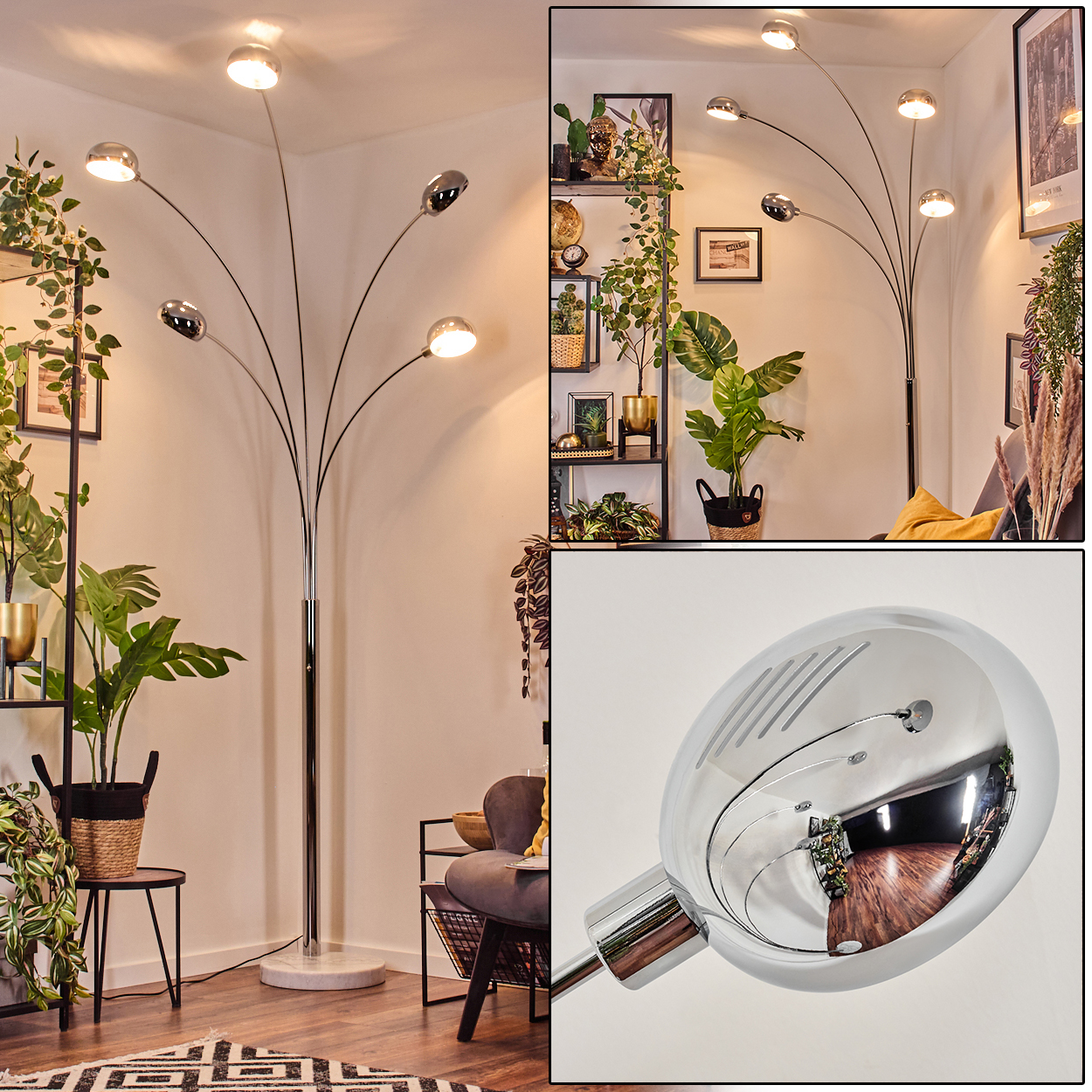 Ein modernes Wohnzimmer mit einer verchromten Stehlampe. Pflanzen und Dekoration sind im Raum angeordnet, der Holzböden hat.