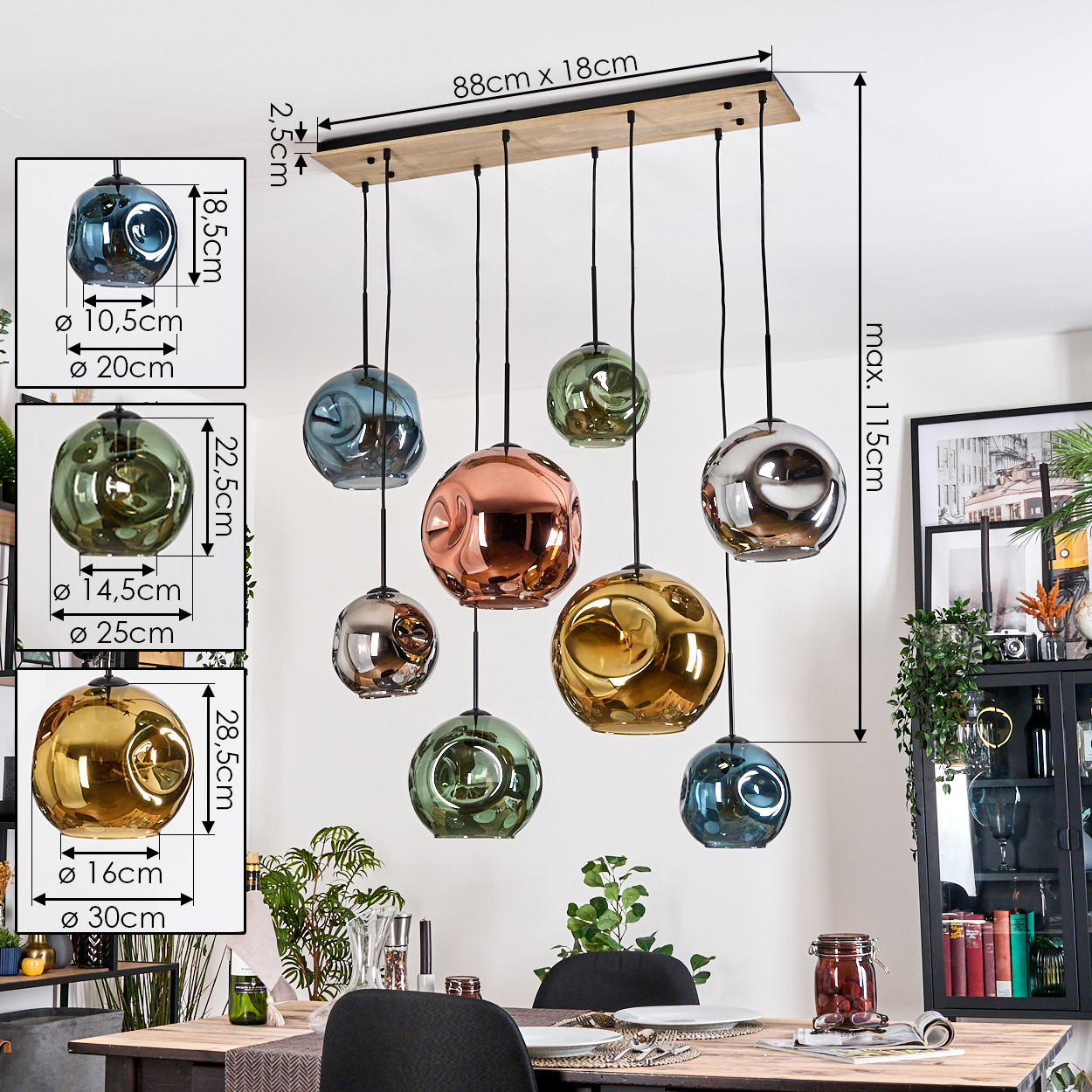 Moderne Pendelleuchte mit neun Glaskugelleuchten in verschiedenen Farben. Maße sind auf dem Bild markiert, das Design in einer Raumsituation zeigt.
