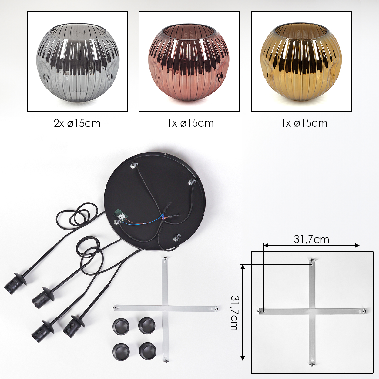 Drei Glasschalen, Silber, Kupfer und Gold. Teile einer Lampe: schwarze Basis, Kabel, Metallstangen und Messungen auf weißem Hintergrund.