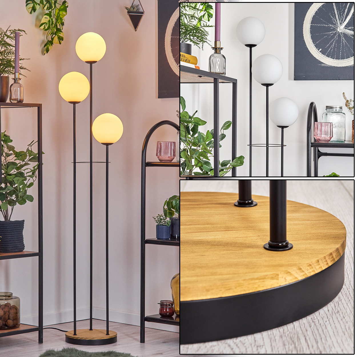 Eine Stehlampe mit drei kugelförmigen Lichtern. Regale mit Pflanzen und Dekorationen sind im Hintergrund. Der Sockel ist aus Holz und schwarz.