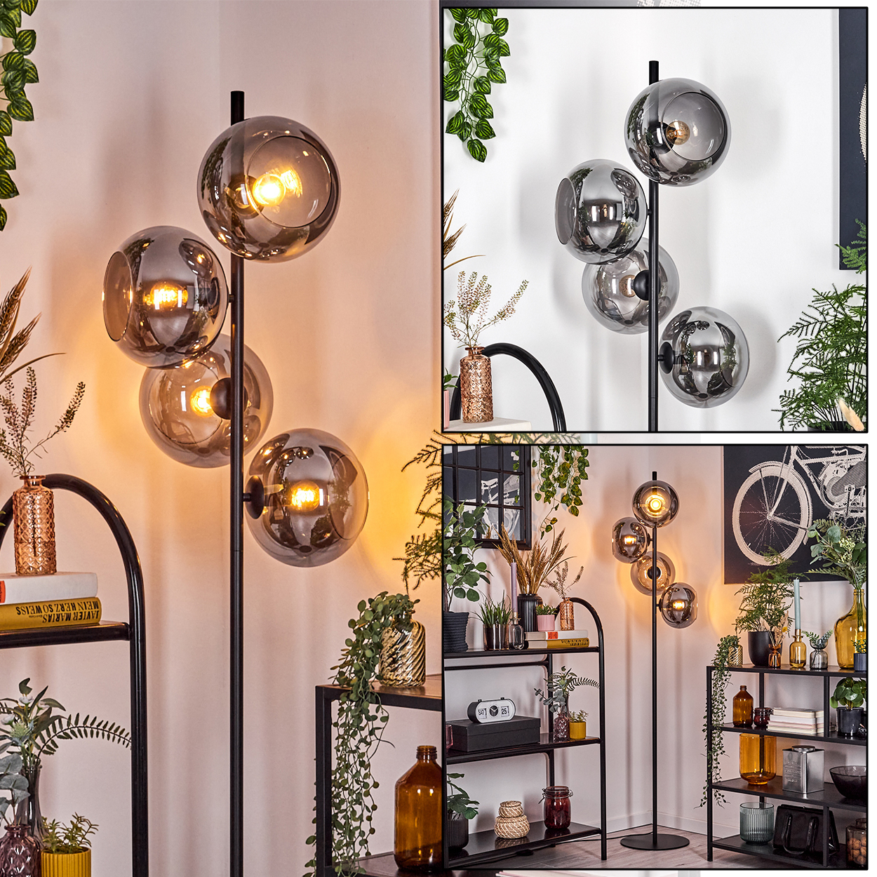 Eine moderne Stehlampe mit vier rauchigen Glaskugeln. Die Lampe steht in einem Raum mit Regalen und Dekorationen, darunter Pflanzen und Kunst.