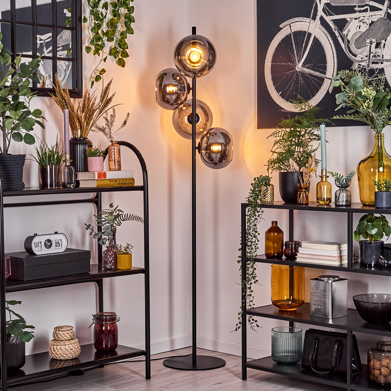 Ein Raum mit schwarzen Regalen, Pflanzen und einer Stehlampe mit vier Glaskugeln. Ein Fahrradkunstdruck an der Wand.