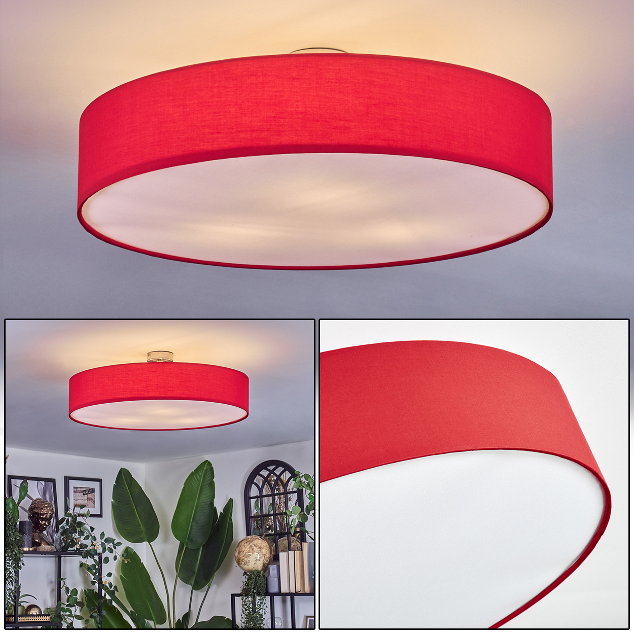 Eine rote, kreisförmige Deckenlampe mit weißem Innenraum. Die Lampe ist an einer hellen Decke befestigt. Der Boden zeigt einen Raum.