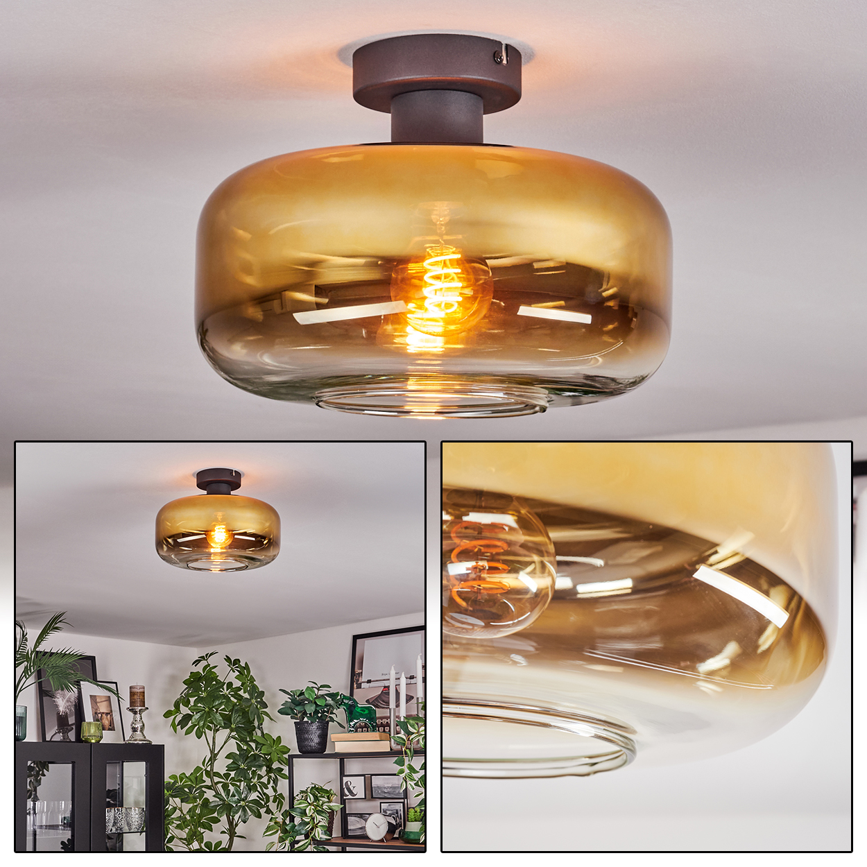 Eine Deckenlampe aus bernsteinfarbenem Glas mit sichtbarer Glühbirne. Die Lampe ist an einer braunen Halterung befestigt. Unten sind Pflanzen und Möbel zu sehen.