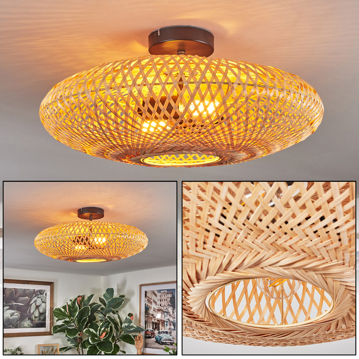 Eine Deckenlampe aus geflochtenem Rattan mit zwei sichtbaren Glühbirnen. Die Lampe ist auf einem braunen Sockel montiert.