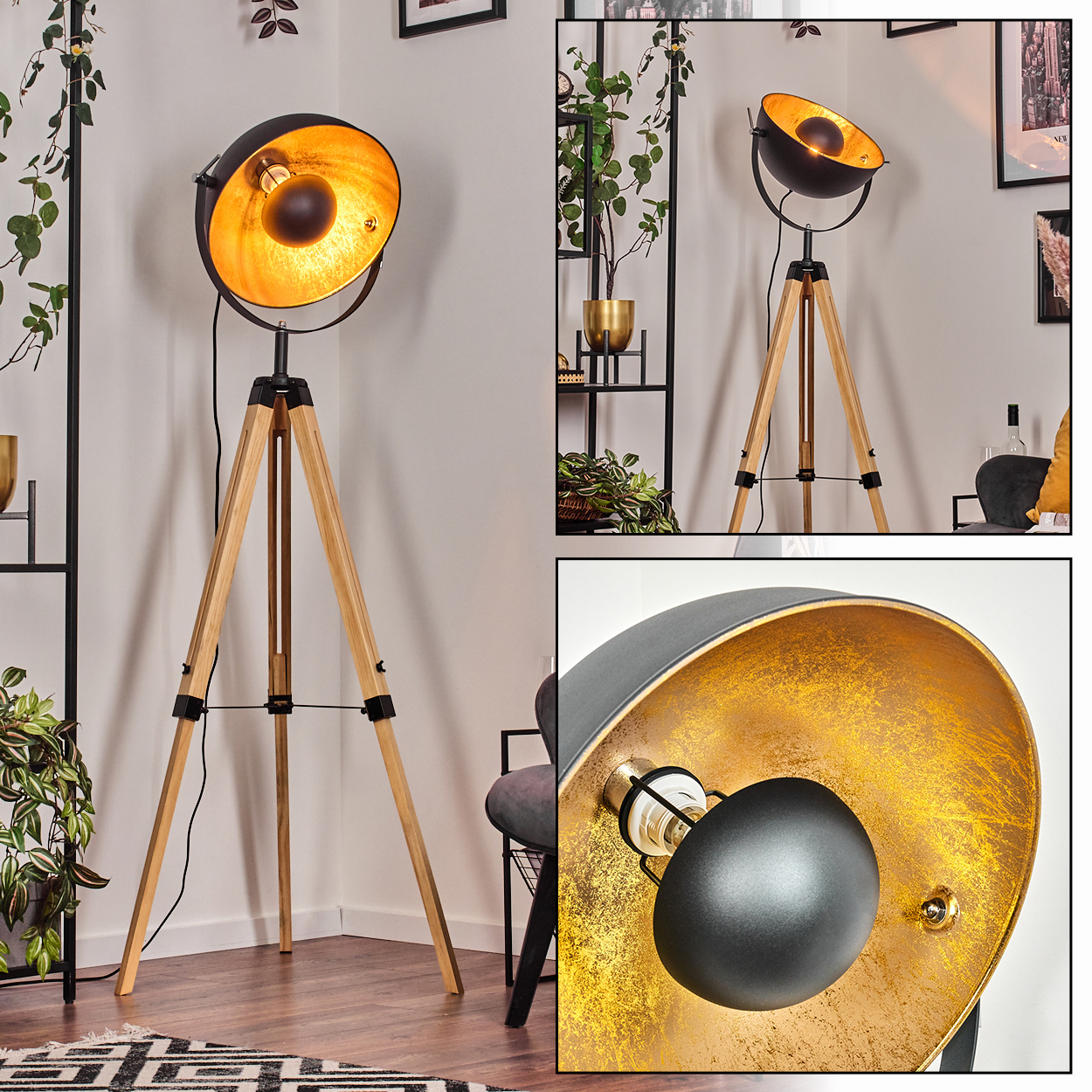 Eine moderne Stehlampe mit schwarzem Lampenschirm und goldenem Innenraum auf einem Holzstativ. Pflanzen und Möbel im Hintergrund.