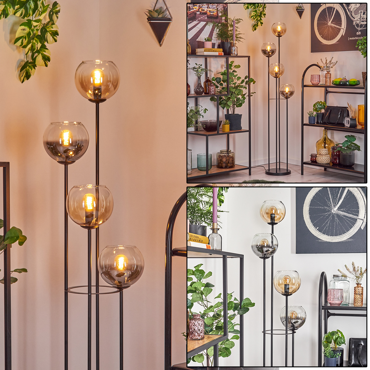 Ein Raum mit kugelförmigen Lampen, Pflanzen und Regalen. Lampen haben bernsteinfarbene Glasschirme. Regale zeigen Pflanzen und Dekorationsartikel.