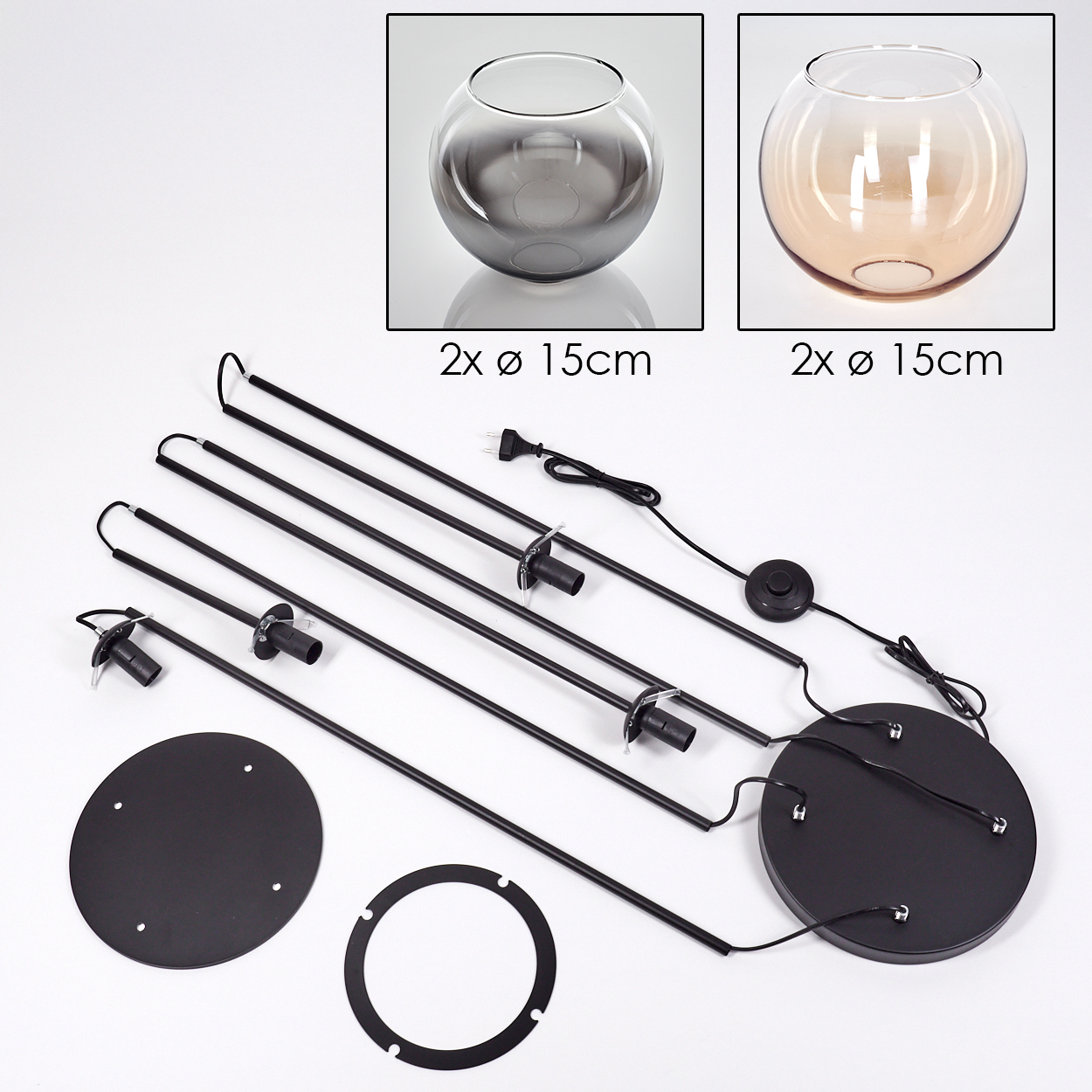 Das Bild zeigt zerlegte Teile einer Lampe, darunter Glasschalen, Metallstäbe, eine Basis und elektrische Komponenten.