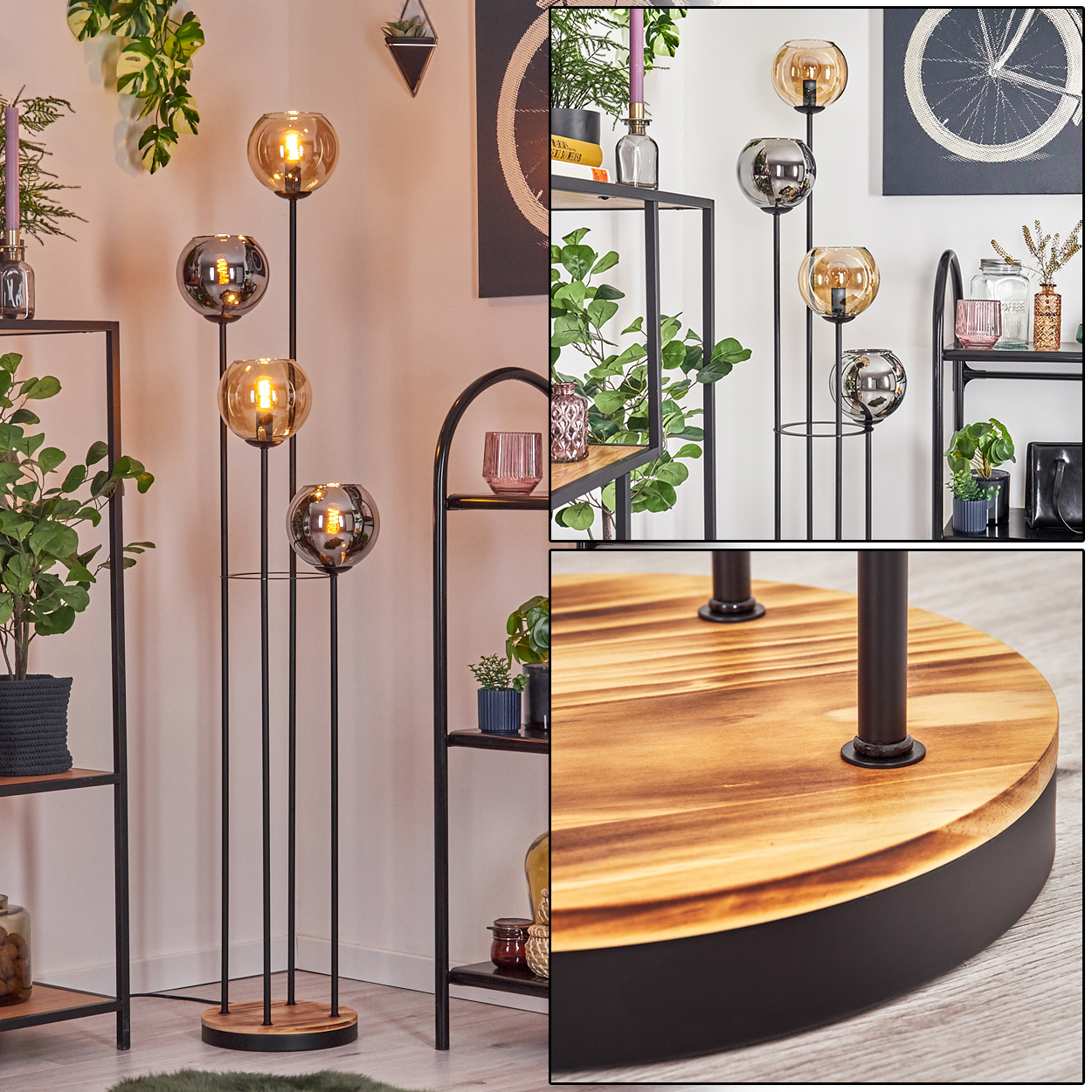 Eine moderne Stehlampe mit vier Glaskugeln, schwarzem Rahmen, Holzsockel und verschiedenen Dekorationsartikeln auf Regalen im Hintergrund.
