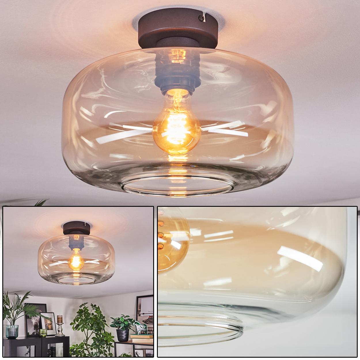 Nahaufnahme einer Deckenleuchte mit Glasschirm und sichtbarer Glühbirne. Das Licht ist an.