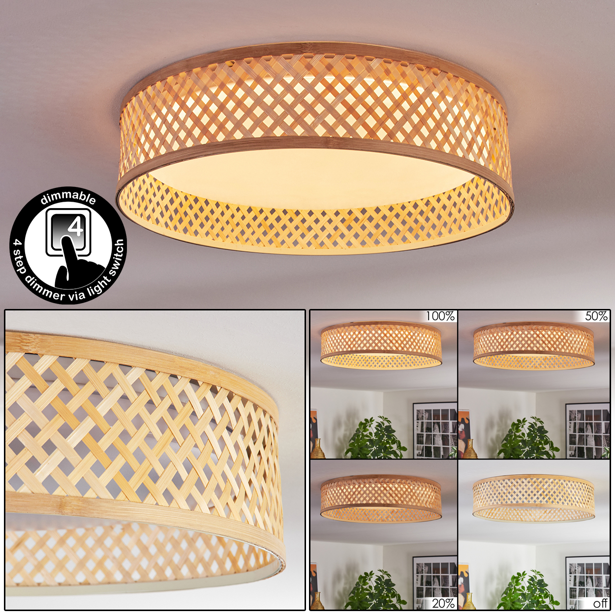 Eine runde Deckenlampe mit gewebtem Bambusschirm. Sie hat einen Dimmer mit 4 Einstellungen. Mehrere Bilder zeigen unterschiedliche Lichtintensitäten.