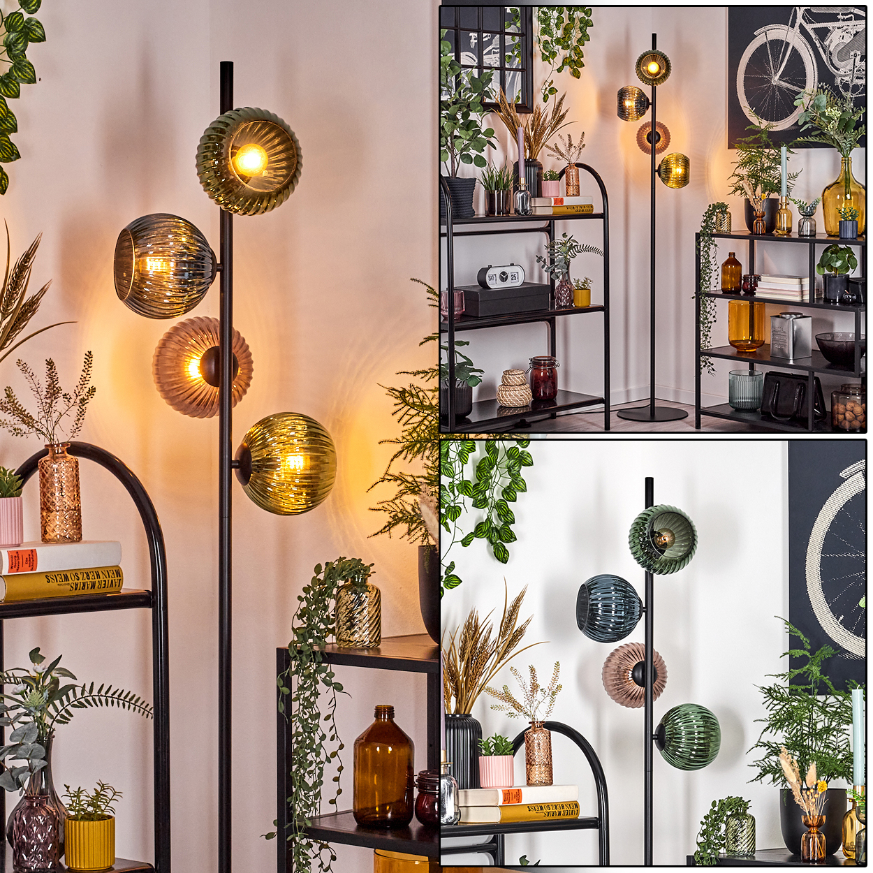 Eine Stehlampe mit vier Glaskugeln, Regale mit Pflanzen und Dekor sowie ein Kunstdruck eines Fahrrads an der Wand. Das Farbschema ist warm.