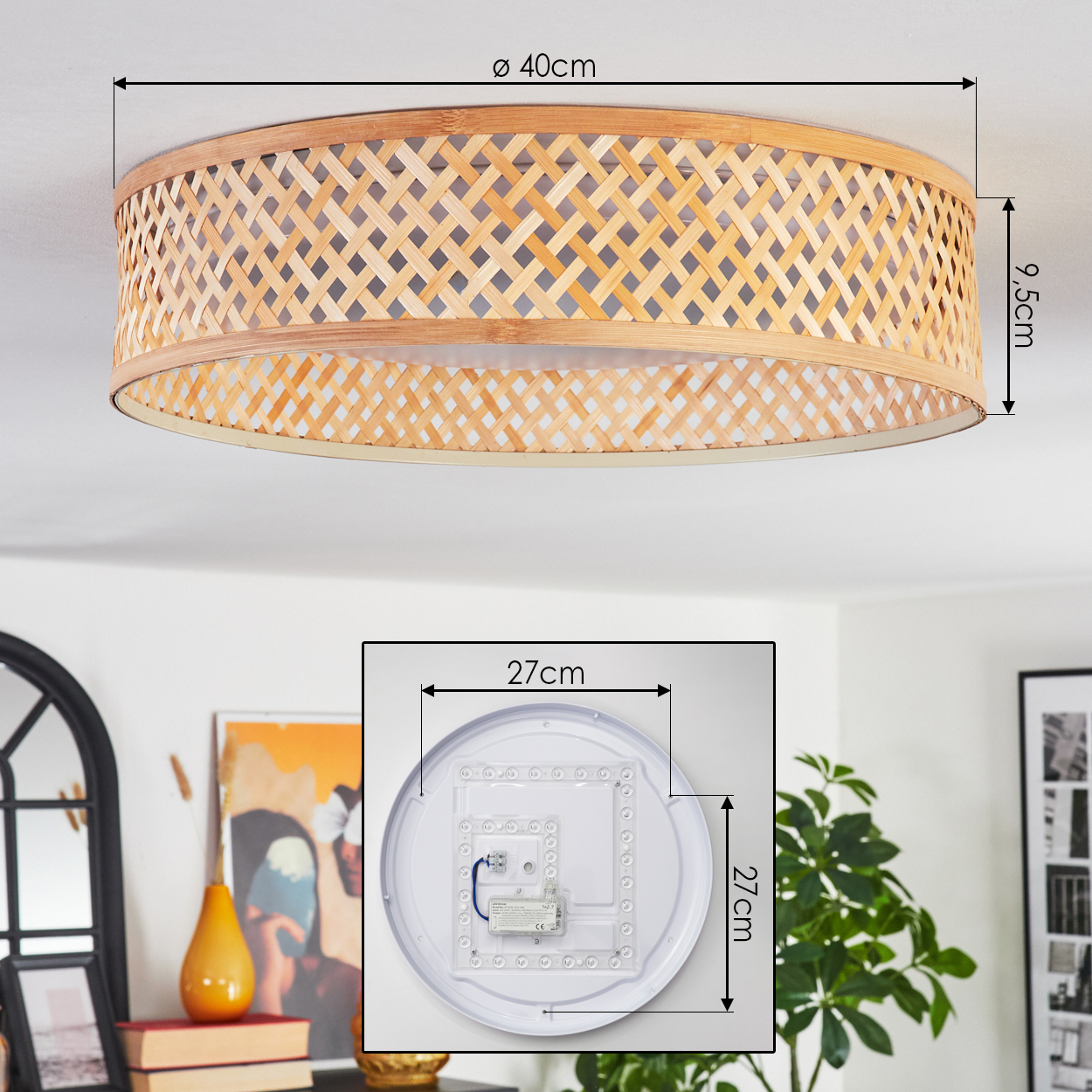Bambus-Deckenlampe. Rund mit Webmuster. Maße: 40 cm Durchmesser, 9,5 cm Höhe. Einsatz zeigt Unterseite, 27x27cm, mit Verkabelung.