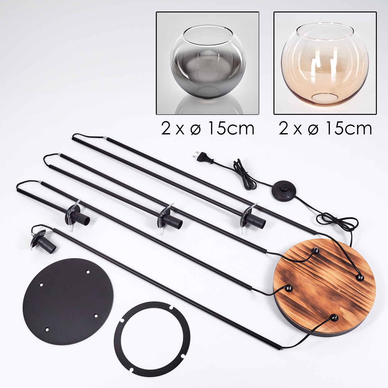 Das Bild zeigt Lampenteile: Glasschalen, schwarze Stangen, einen Holzsockel und einen schwarzen kreisförmigen Sockel. Einige Teile sind dupliziert.