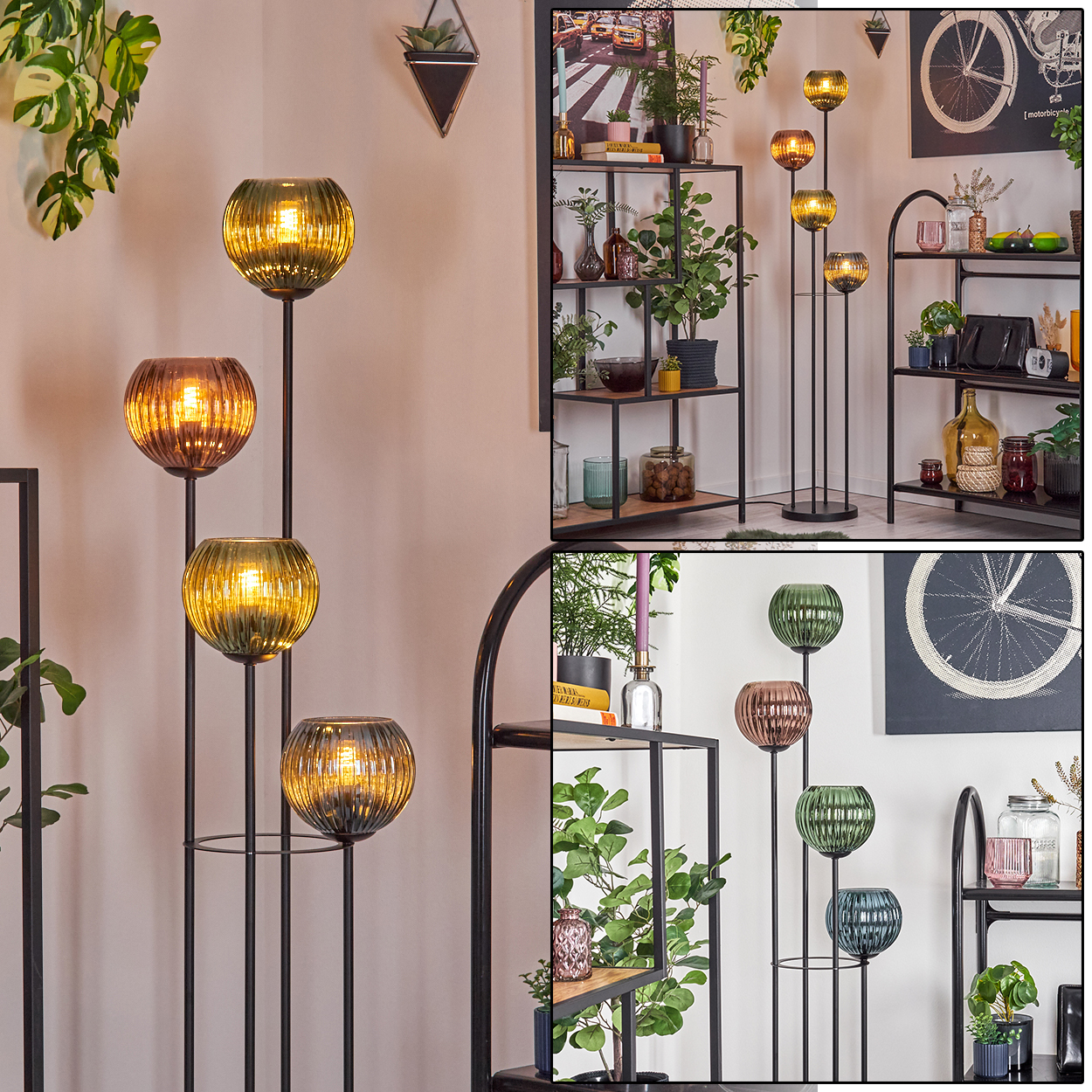 Ein Raum mit dekorativen Lampen mit Kugelschirmen und Regalen mit Pflanzen und Dekoration. Die Lampen haben unterschiedlich farbige Kugeln.