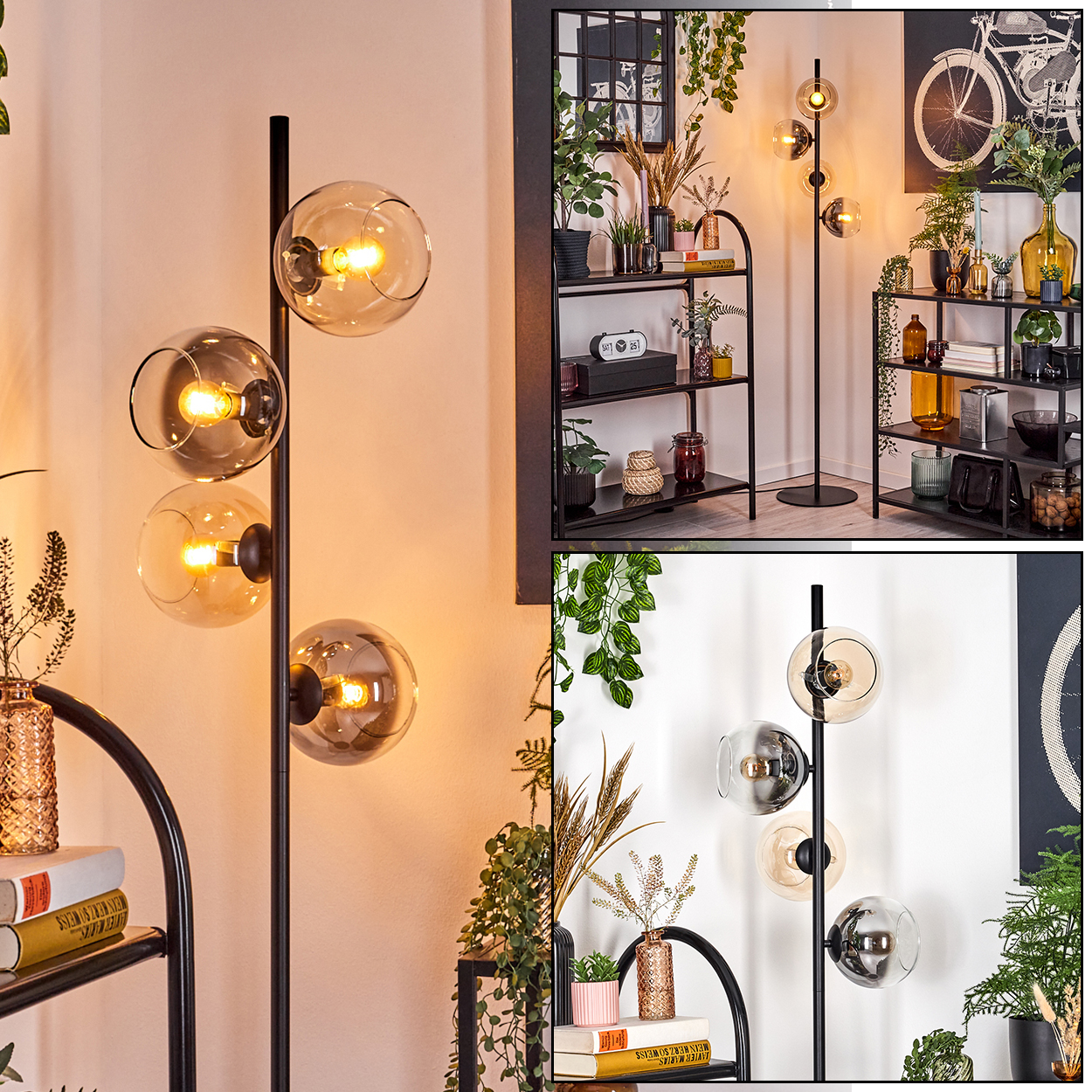 Eine moderne Stehlampe mit vier leuchtenden Glaskugeln. Regale mit Deko und Pflanzen sind im Hintergrund. Die Szene ist hell beleuchtet.