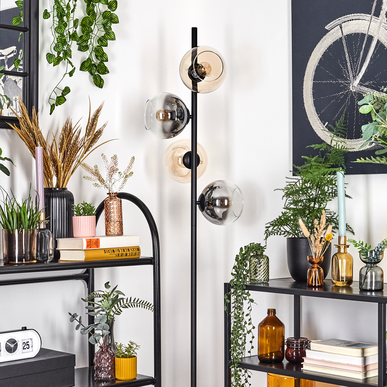 Ein Raum mit einem schwarzen Regal, Dekoration und einer Stehlampe mit Glaskugeln. Pflanzen und ein Fahrradkunstwerk dekorieren die Wand.