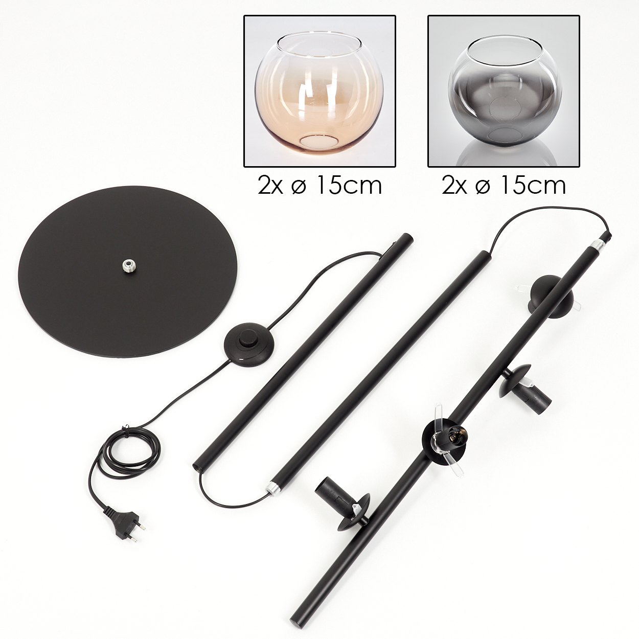 Zerlegte Stehlampe mit schwarzem Fuß, Stangen, Fußschalter und zwei Glasschalen in Pfirsich und Grau, beschriftet 2x Ø 15cm.