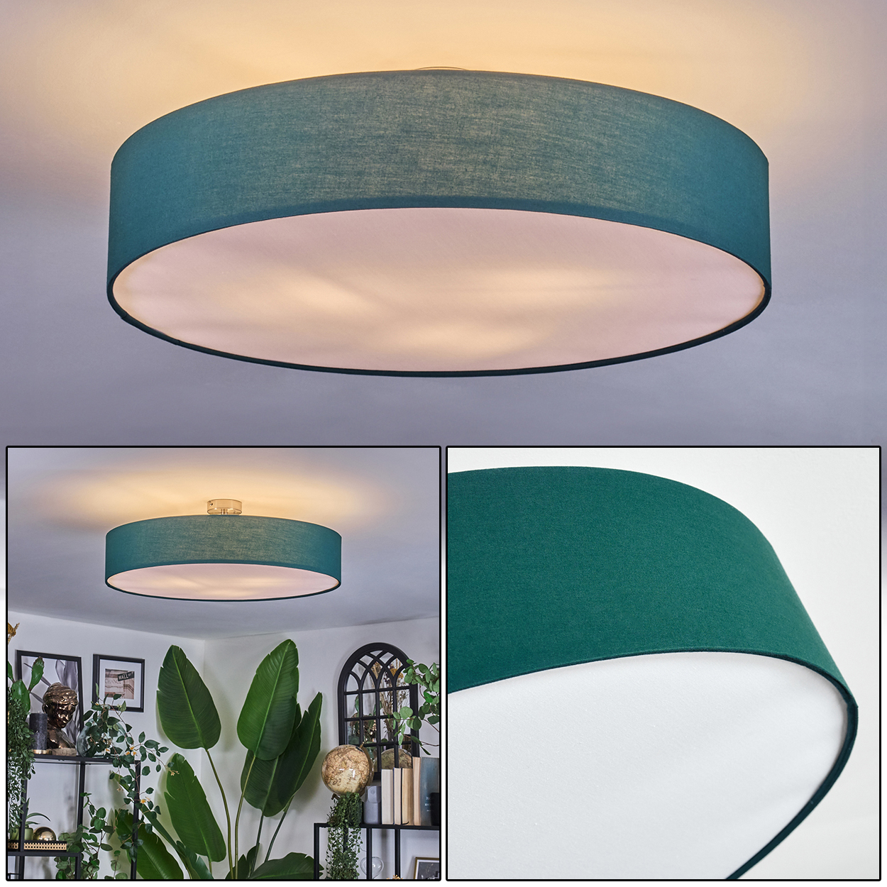 Eine teal-farbene, trommelförmige Deckenlampe. Der Hintergrund ist eine weiße Decke. Eine Collage von Bildern ist unten zu sehen, mit Pflanzen.