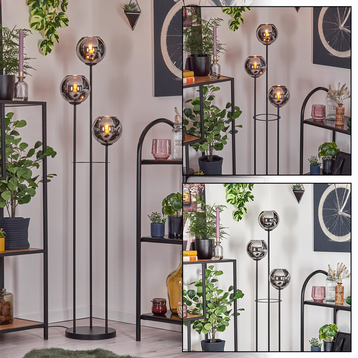 Ein modernes Interieur mit schwarzen Metallregalen, einer Stehlampe und Pflanzen. Die Dekoration umfasst ein Fahrradrad-Kunstwerk und Kerzen.