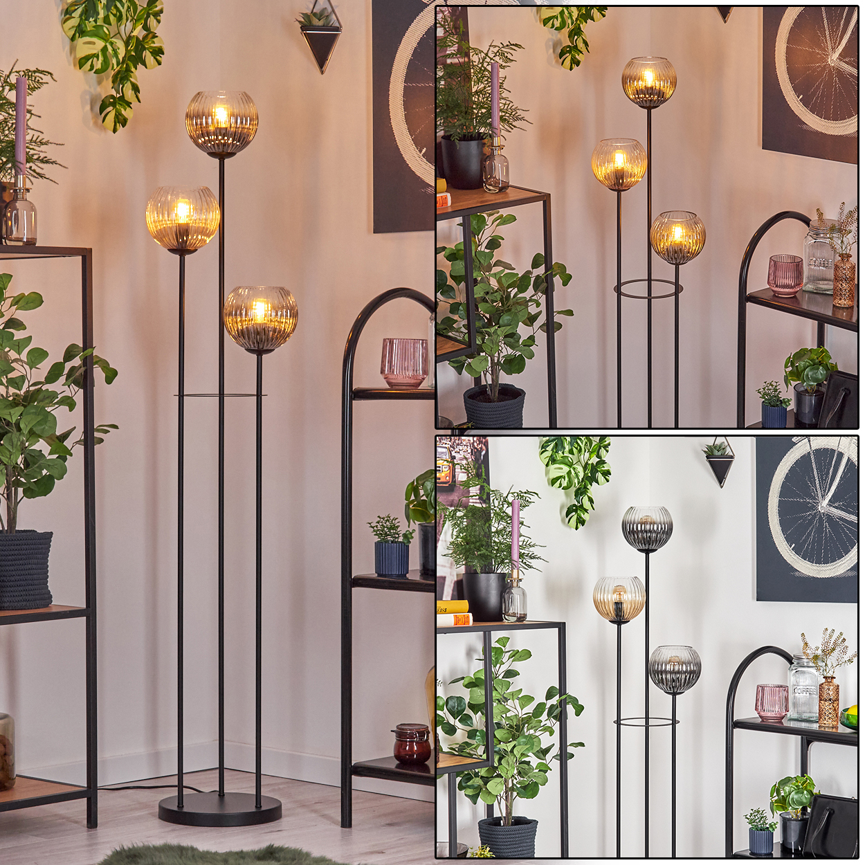 Stehlampe mit drei Lichtern und Glasschirmen. Pflanzen und Regale mit Dekoration im Hintergrund.