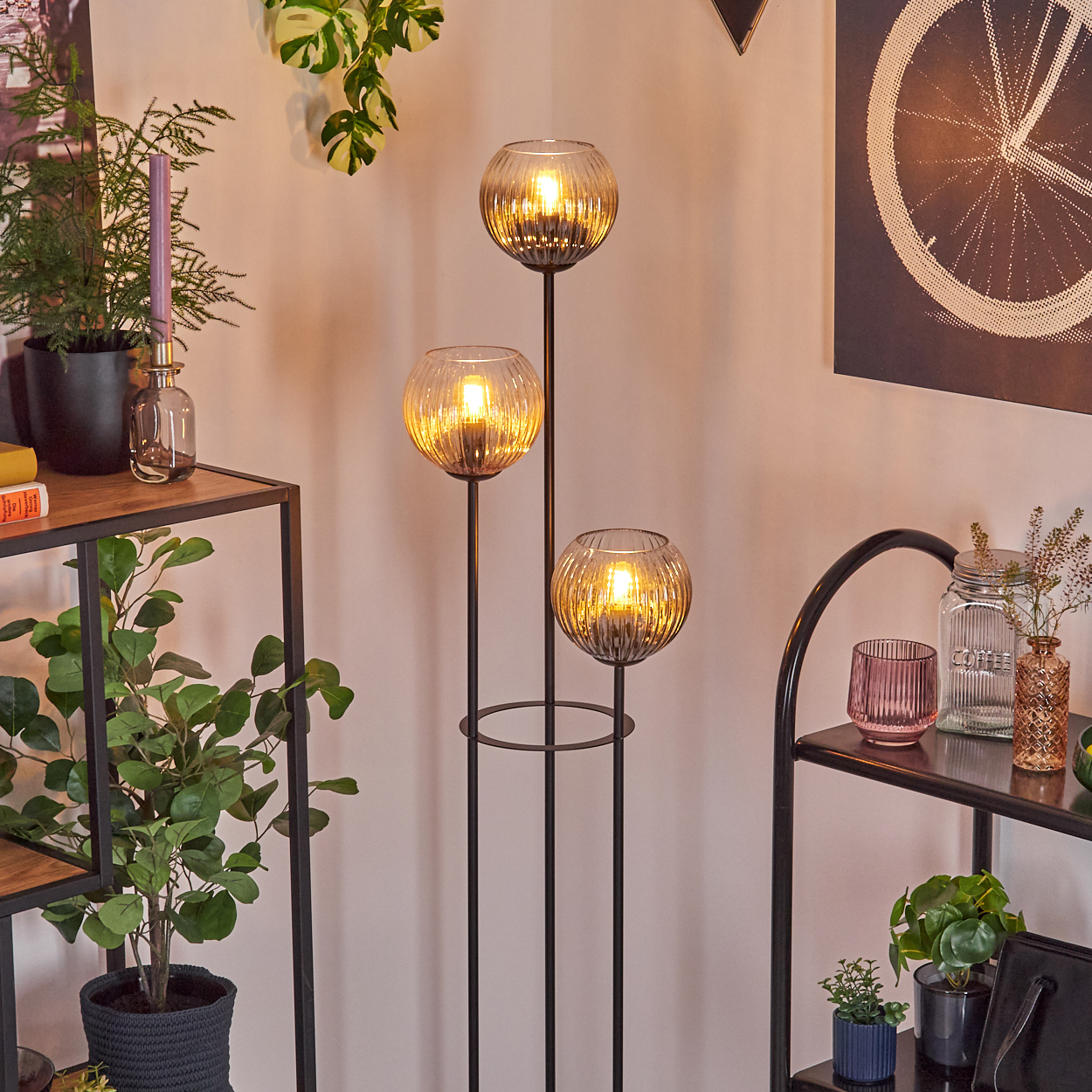 Ein Raum mit einer Stehlampe mit drei kugelförmigen Lichtern. An den Seiten befinden sich Regale mit Pflanzen und Dekoration. Ein Radkunstwerk befindet sich an der Wand.