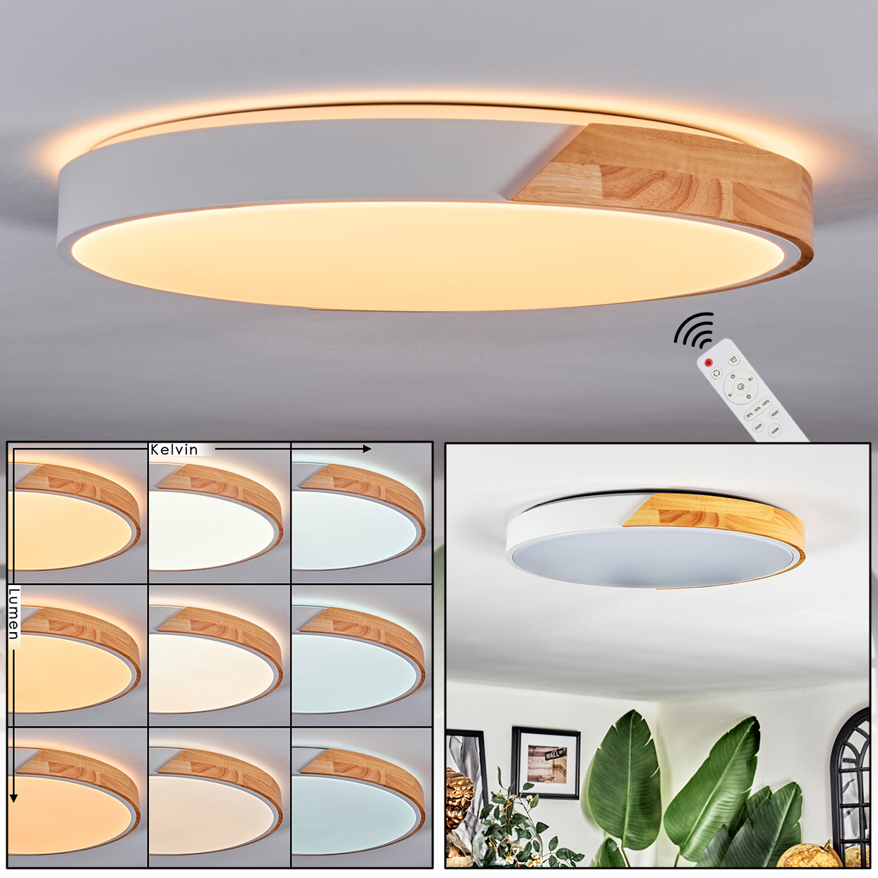 Eine moderne Deckenlampe mit weißen und Holzfarbenen Akzenten. Enthält eine Fernbedienung und ein Raster mit verschiedenen Lichteinstellungen. Die Szene hat Pflanzen.