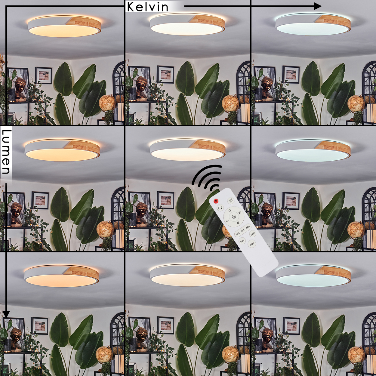 Eine Deckenleuchte mit einstellbarer Kelvin- und Lumenleistung. Eine Fernbedienung ist sichtbar. Pflanzen und gerahmte Bilder sind im Hintergrund.