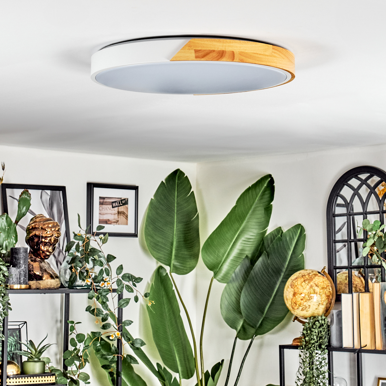 Ein modernes Wohnzimmer mit Deckenleuchte, großen grünen Blättern, einem Globus und gerahmten Bildern an der Wand. Regale halten Dekor.