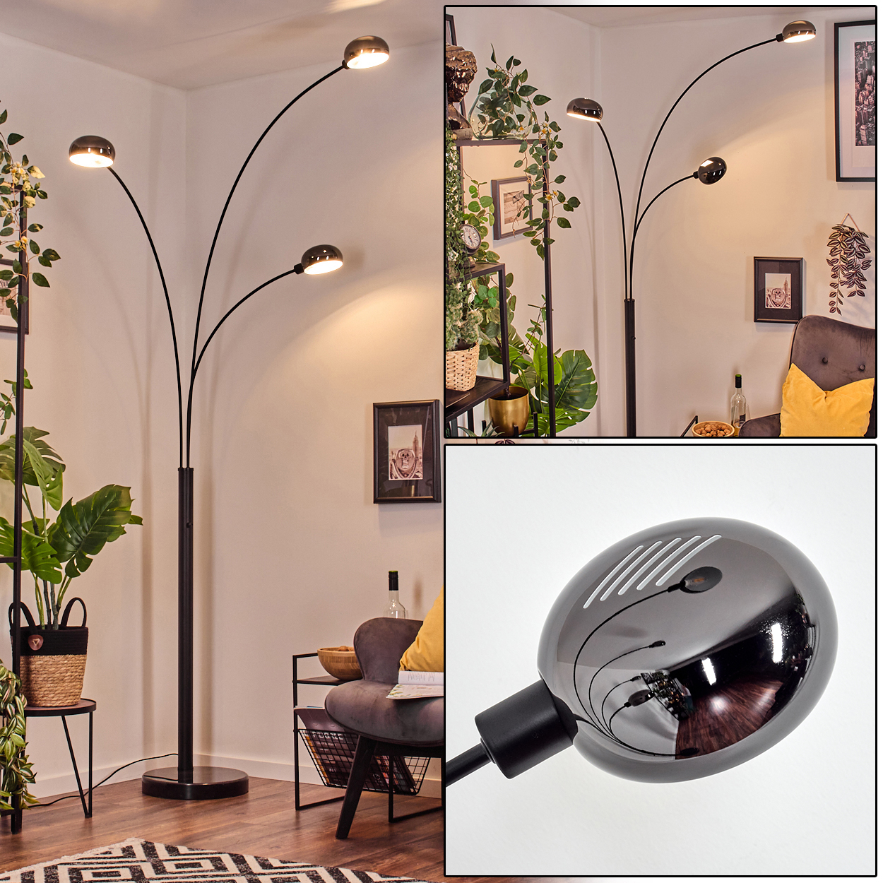 Eine moderne schwarze Stehlampe mit drei Lichtern steht in einem Raum. Pflanzen und Möbel sind ebenfalls im Raum zu sehen.
