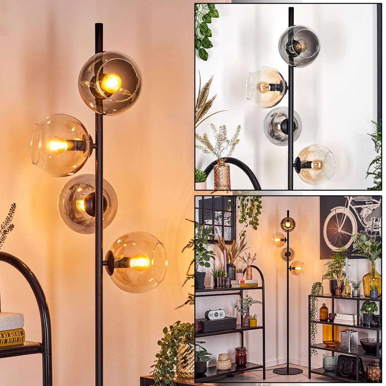 Eine schwarze Stehlampe mit vier Glaskugelschirmen, jede mit einer leuchtenden Glühbirne. Die Lampe steht in einem Raum mit Regalen und Pflanzen.