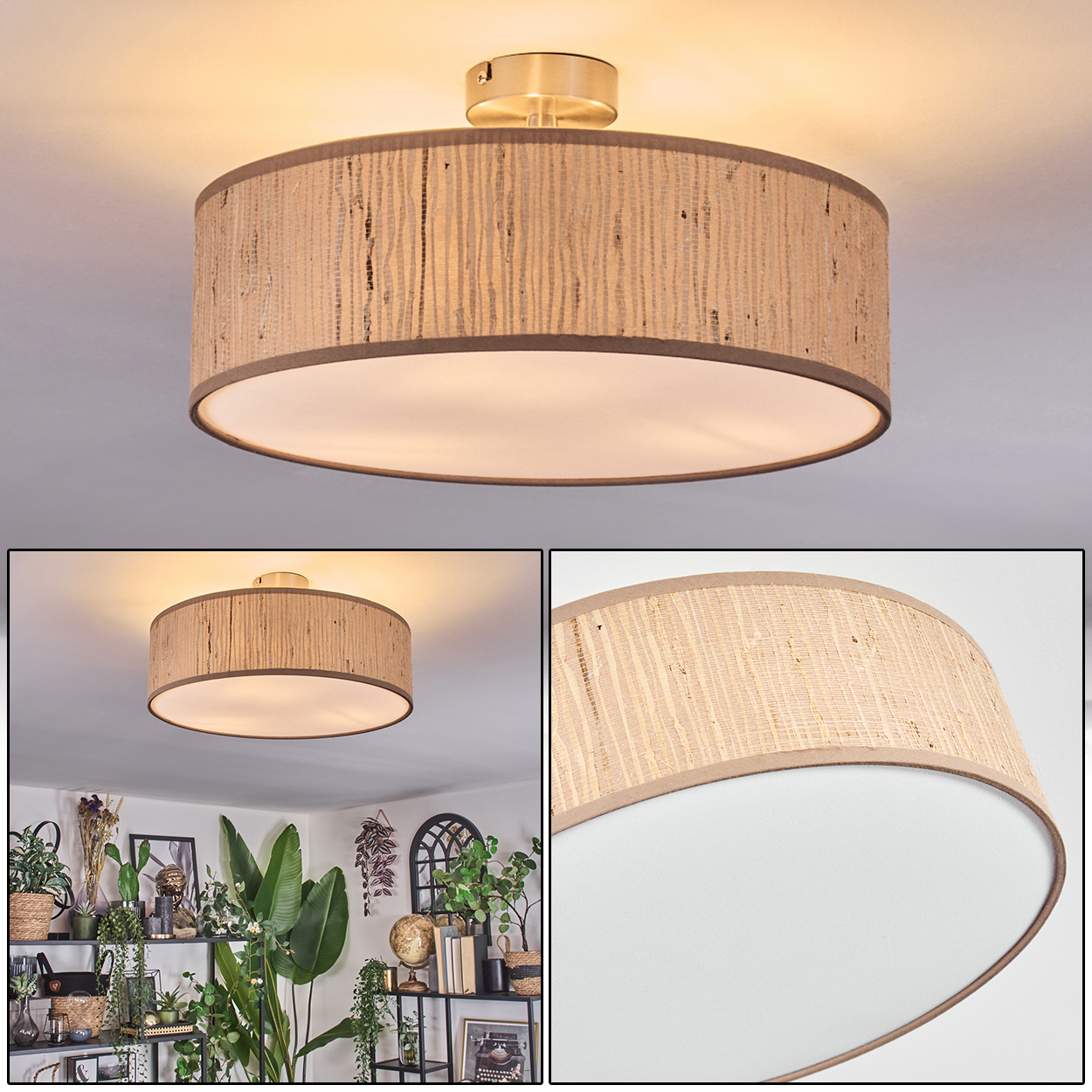 Eine beige trommelförmige Deckenleuchte mit strukturiertem Schirm. Der Hintergrund zeigt einen Raum mit Pflanzen und Regalen.