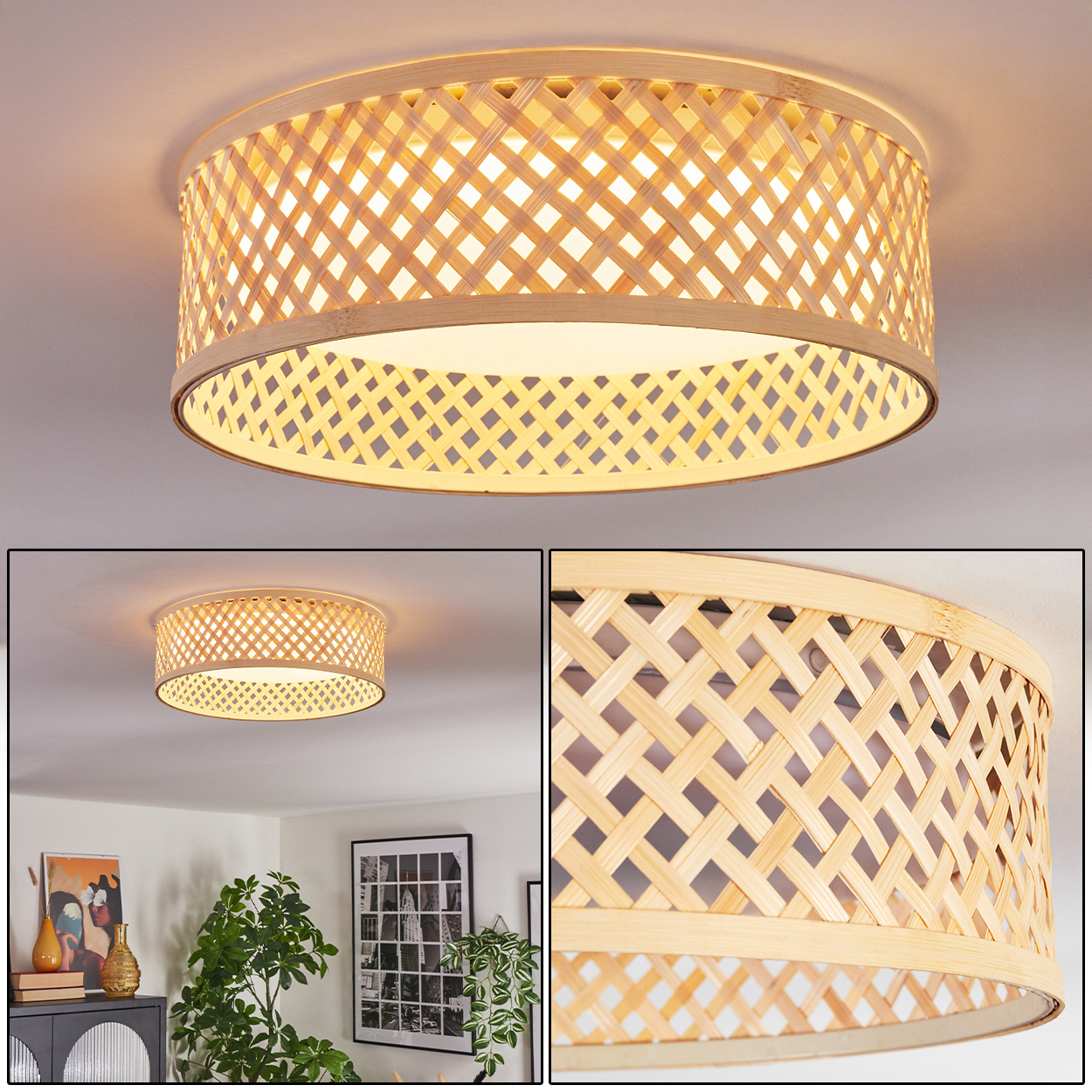 Eine runde Deckenlampe aus gewebtem Bambus. Die Lampe leuchtet und wirft einen warmen Schein. Gewebtes Muster sichtbar.