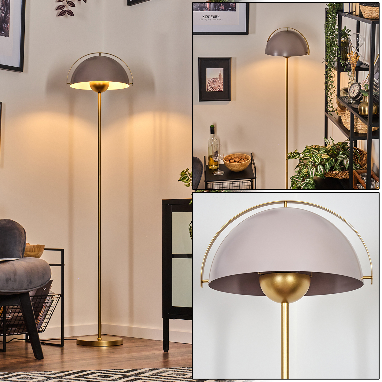 Eine moderne Stehlampe mit goldenem Stiel und grauem Kuppel-Schirm. Der Hintergrund zeigt einen Raum mit Dekor und Möbeln.