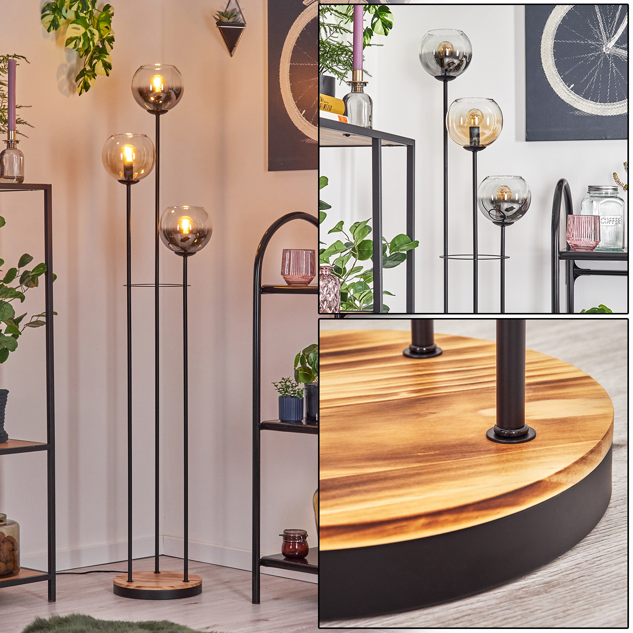 Eine Stehlampe mit drei Glaskugeln. Der Sockel ist aus Holz und schwarzem Metall. Regale mit Dekorationen befinden sich an den Seiten.