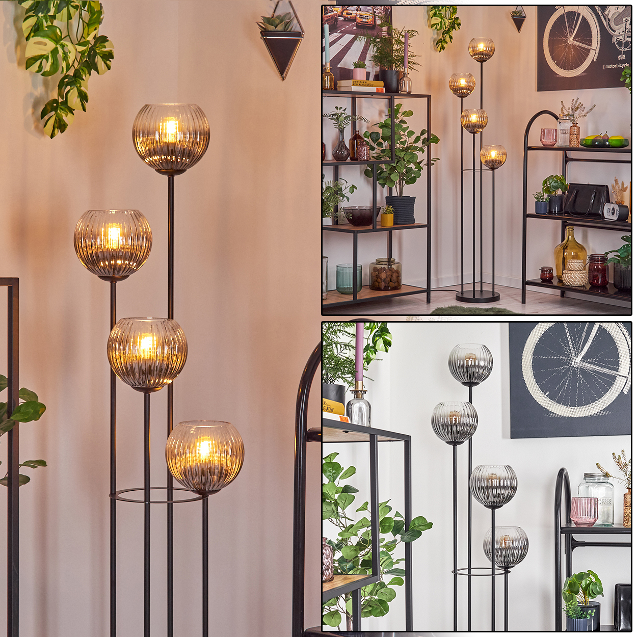 Ein modernes Wohnzimmer mit einer hohen Lampe mit vier Kugelschirmen, Regalen mit Dekor und Pflanzen, vor einer weißen Wand.