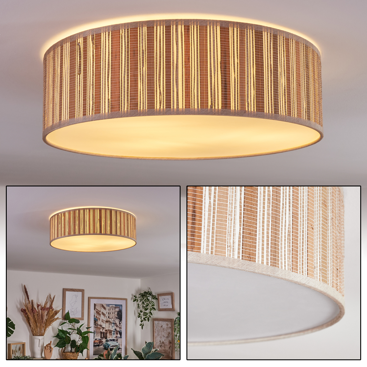 Eine runde Deckenlampe mit braun-weiß gestreiftem Schirm ist beleuchtet. Der Raum hat Pflanzen und gerahmte Bilder an der Wand.