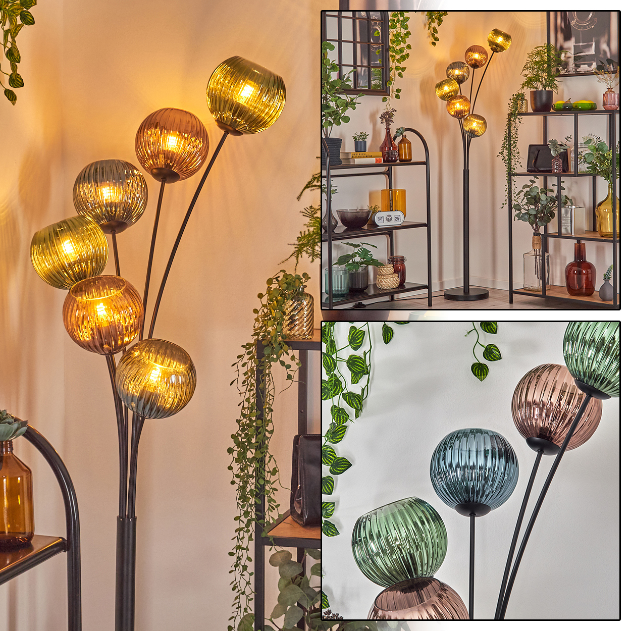 Eine Stehlampe mit mehreren kugelförmigen Lichtern. Im Hintergrund Regale mit Pflanzen und Dekorationen sowie Hängepflanzen.