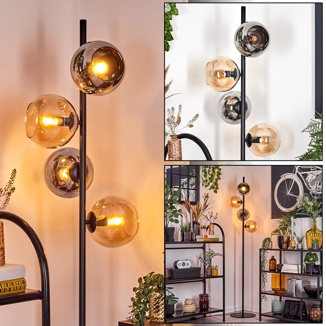 Eine Stehlampe mit vier Glaskugel-Schirmen. Die Lampe ist schwarz, mit einigen Regalen und Pflanzen drumherum.