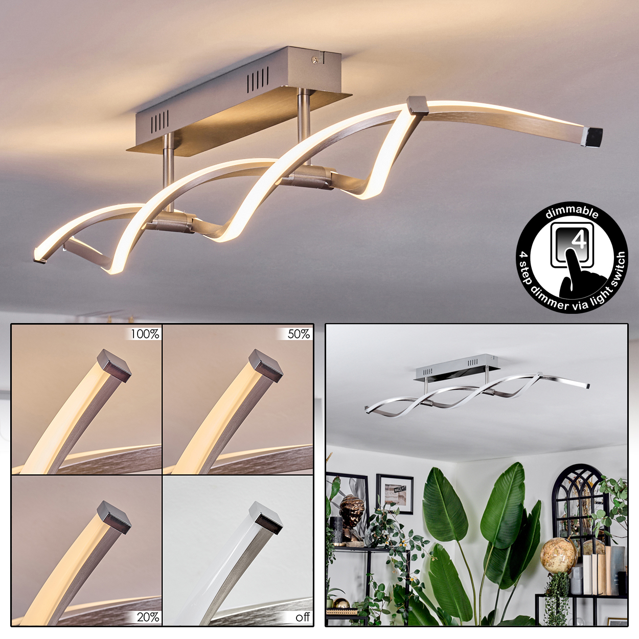 Eine moderne silberne Deckenleuchte mit wellenförmigem Design, die verschiedene Dimmstufen zeigt. Im Hintergrund ein Raum mit Pflanzen.
