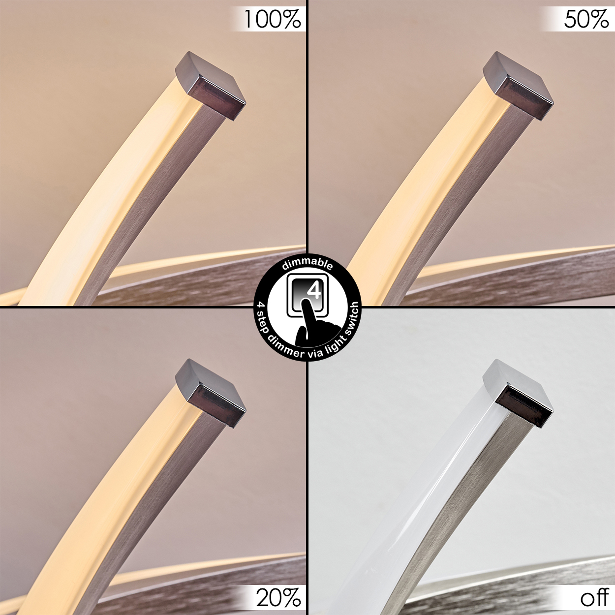 Vier Bilder zeigen eine Lampe mit unterschiedlichen Dimmstufen: 100%, 50%, 20% und aus. In der Mitte befindet sich ein dimmbarer Knopf.
