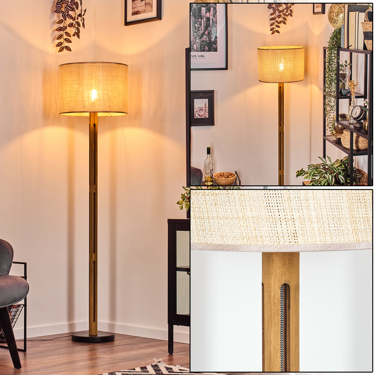 Eine hohe Stehlampe mit beigem Lampenschirm und Holzrahmen steht in einem Raum. Der Raum hat Dekoration und einen Teppich.