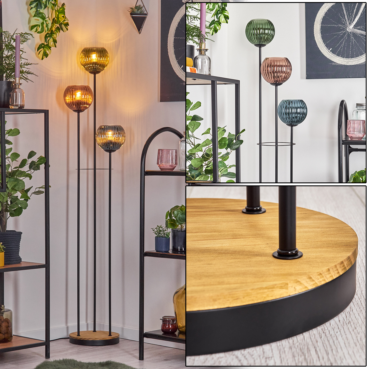 Ein Raum mit dekorativen Lampen, Regalen mit Pflanzen und verschiedenen Dekorationsartikeln. Die Lampen haben Glaskugeln in verschiedenen Farben.
