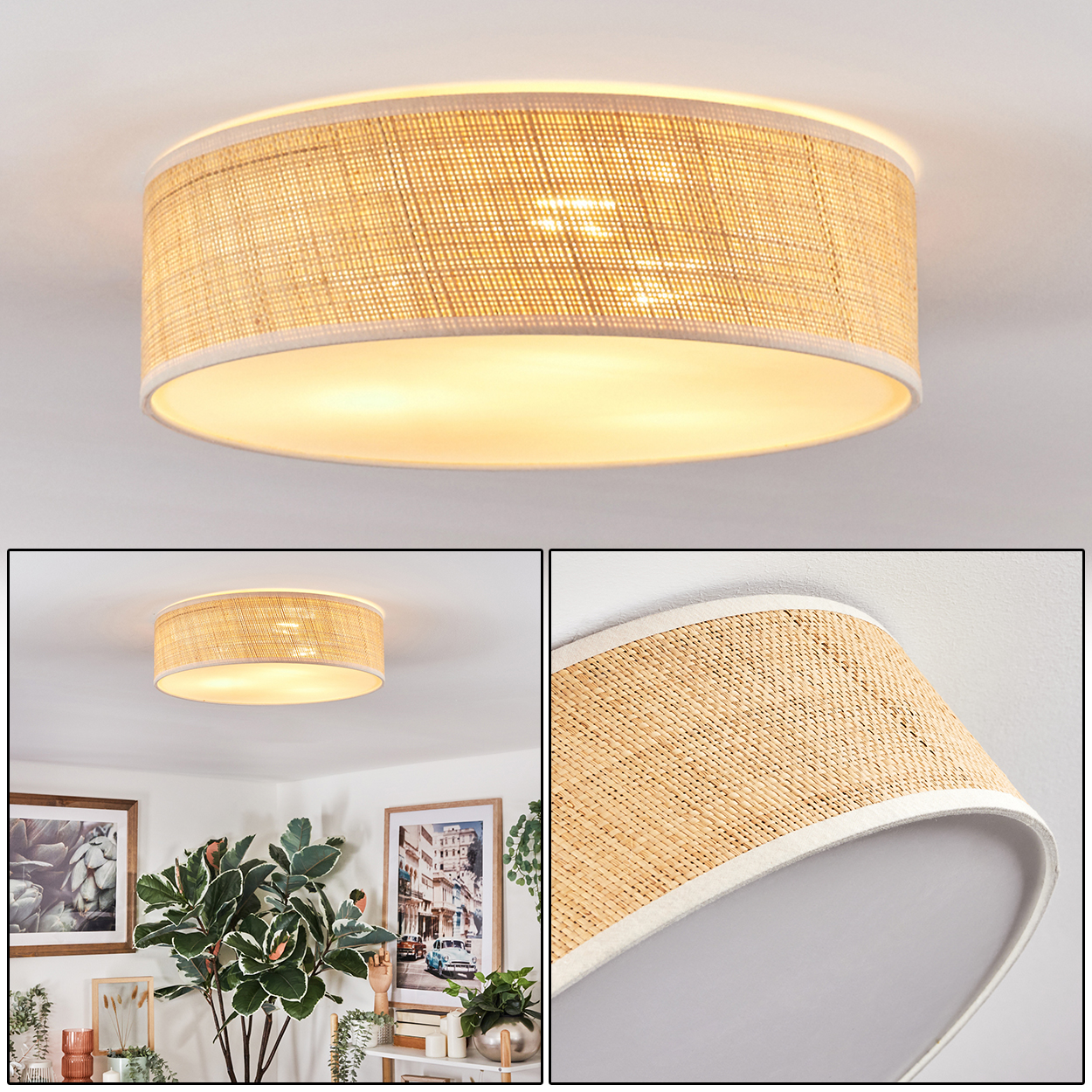 Eine runde Deckenlampe mit gewebtem Rattanschatten und weißer Innenfläche. Der Hintergrund zeigt eine weiße Decke.