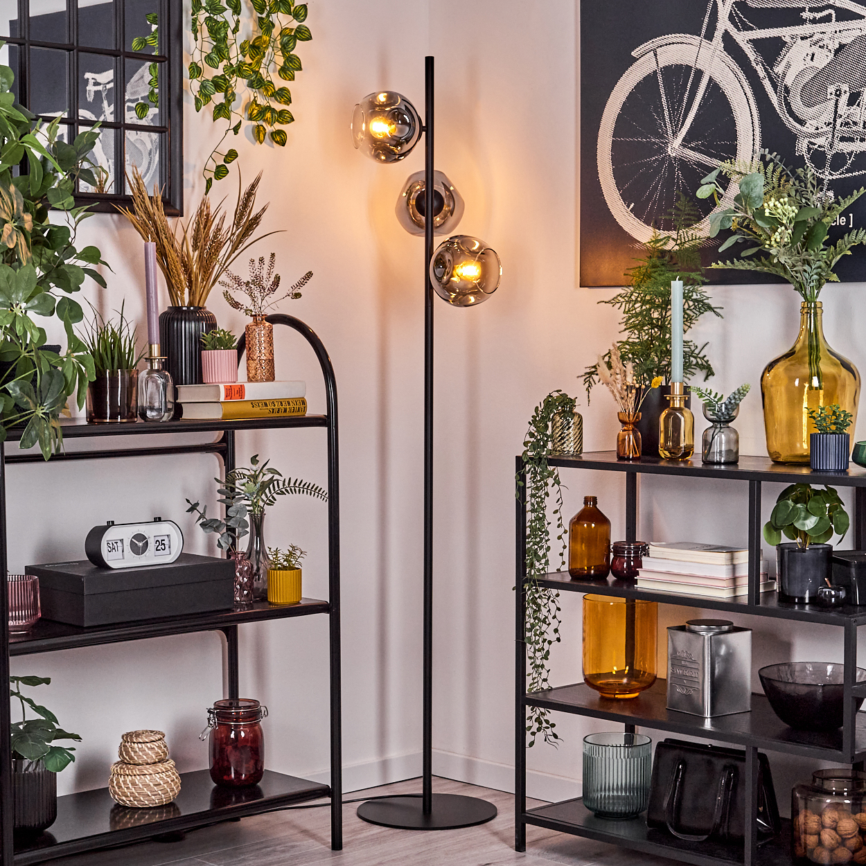 Ein Zimmer mit Regalen, Pflanzen und einer Stehlampe. Ein Fahrrad-Druck hängt an der Wand. Verschiedene Dekorationsartikel sind ausgestellt.
