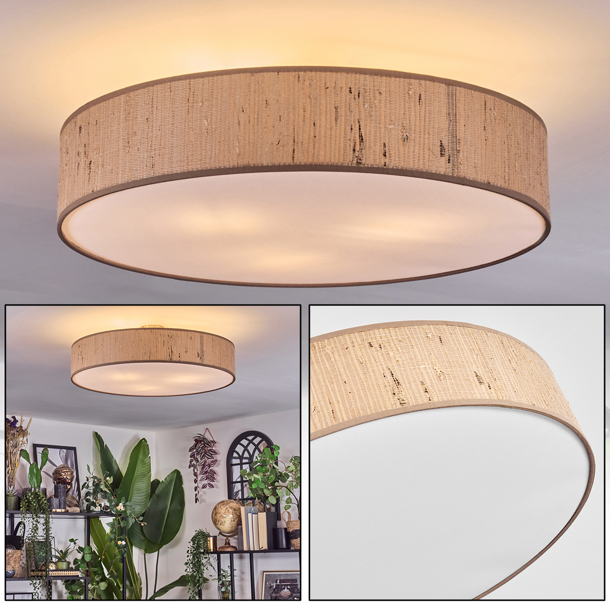 Eine beige, kreisförmige Deckenleuchte mit strukturiertem Lampenschirm. Das Licht scheint auf eine weiße Decke. Ein Raum mit Pflanzen darunter.