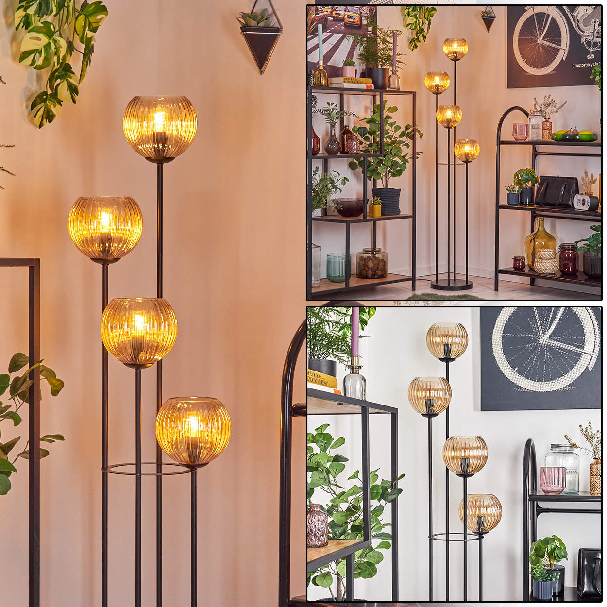 Ein Raum mit mehreren Lampen, Regalen mit Pflanzen und Dekorationen. Die Lampen haben kugelförmige, bernsteinfarbene Schirme.